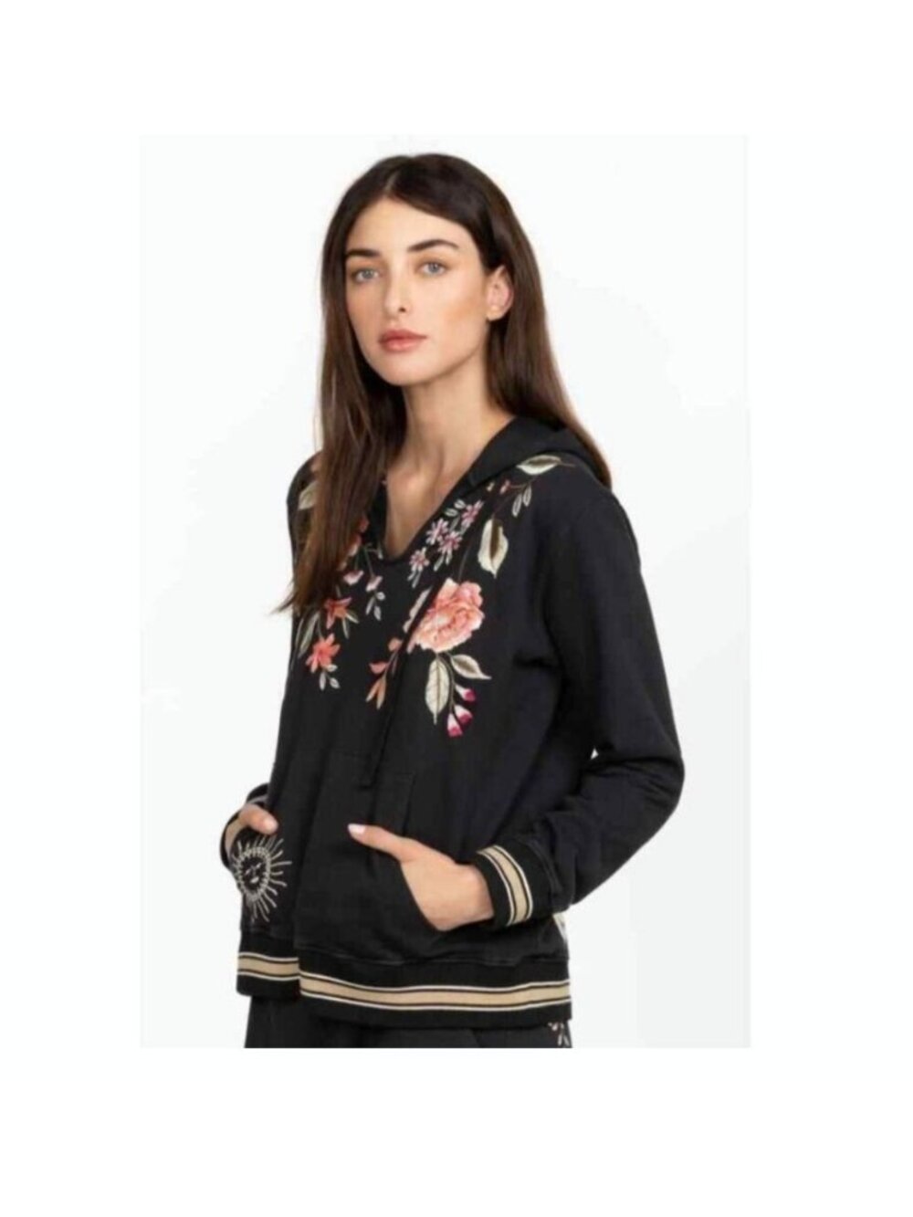 Johnny Was Vienna Black Floral Embroidered Hoodie Sweatshirt